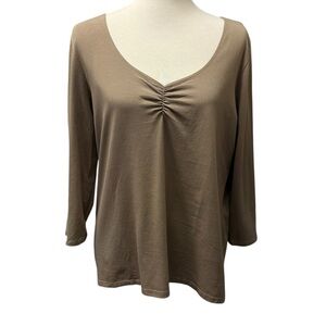 Eddie Bauer Pima Cotton Ruched 3/4 Sleeve Brown V-Neck Top Size XL